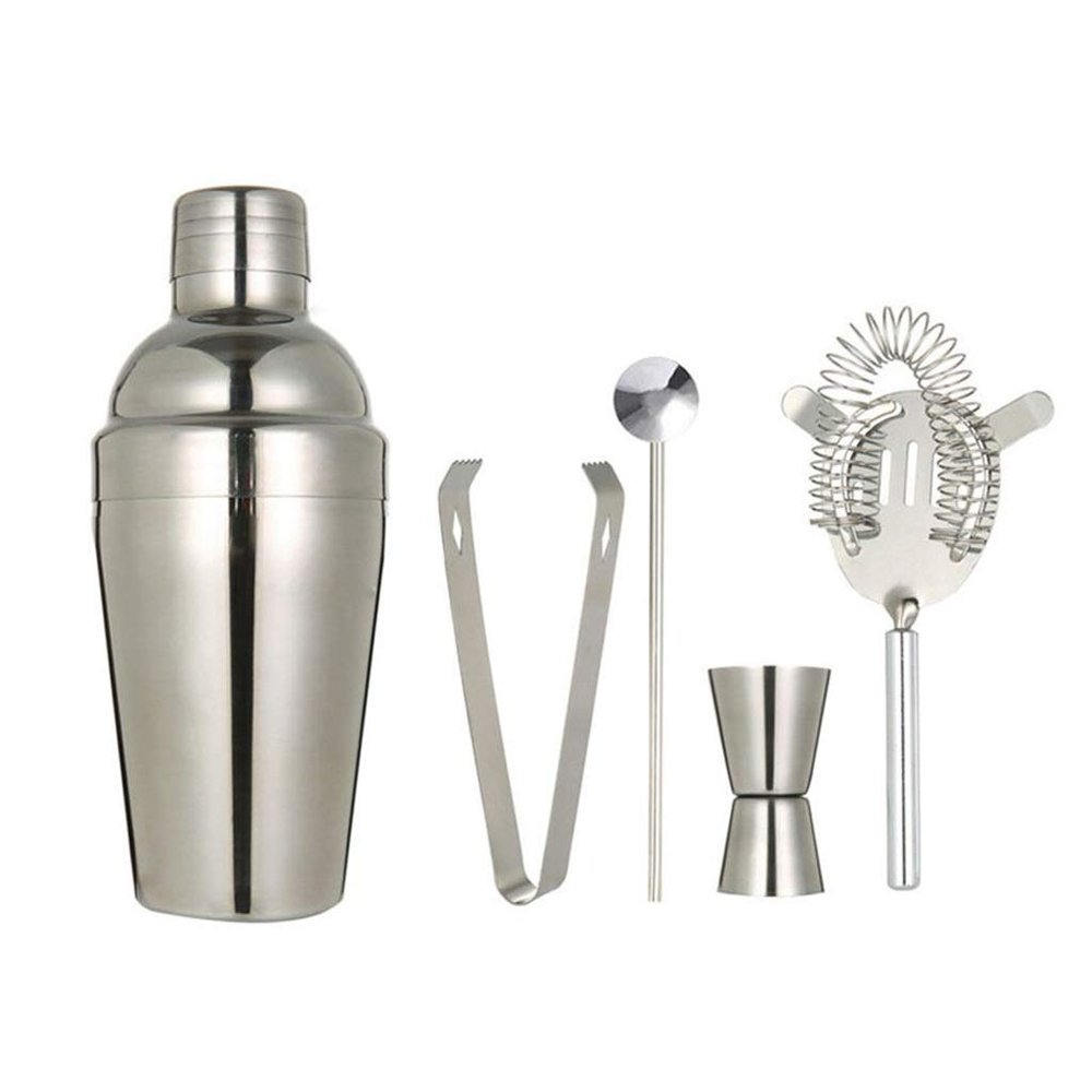 5pcs Cocktail Shaker Set Bar Tool Non-Slip Milk Tea Pot Silver Multi-Function Bartending Kit Wine Mixer Stainless Steel (Color : Silver 750ml) (Silver 550ml)