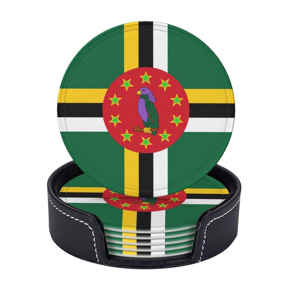 6 Pack Dominica Flag Leather Coaster with Holder for Drinks- Heat Resistant Non-Slip National Flag Funny Coasters for Wooden Table Coffee Bar Kitchen Decor Housewarming, Set of 6