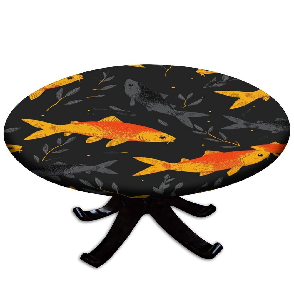Barsada Shark Orange and Black Print Tablecloth Round Elastic, Waterproof Oil-Proof Table Cover, for Family Gatherings Dinner Party Decor Fit for 44" Table