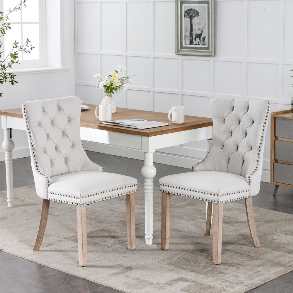 Homfii Vintage Dining Chair,Upholstered Side Chairs with High-end Tufted Back and Nailhead Trim,Solid Wood Kitchen Dining Room Chairs,Set of 2,Linen,Wing Back