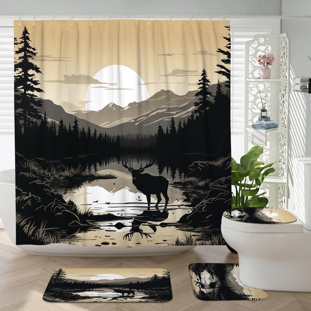 Witzest 4Pcs Cabin Deer Shower Curtain Sets with Non-Slip Rug, U Shape and Toilet Lid Cover Mat, Woodland Hunting Home Bathroom Decor Set Accessories with 12 Hooks, 72 x 72 Inch