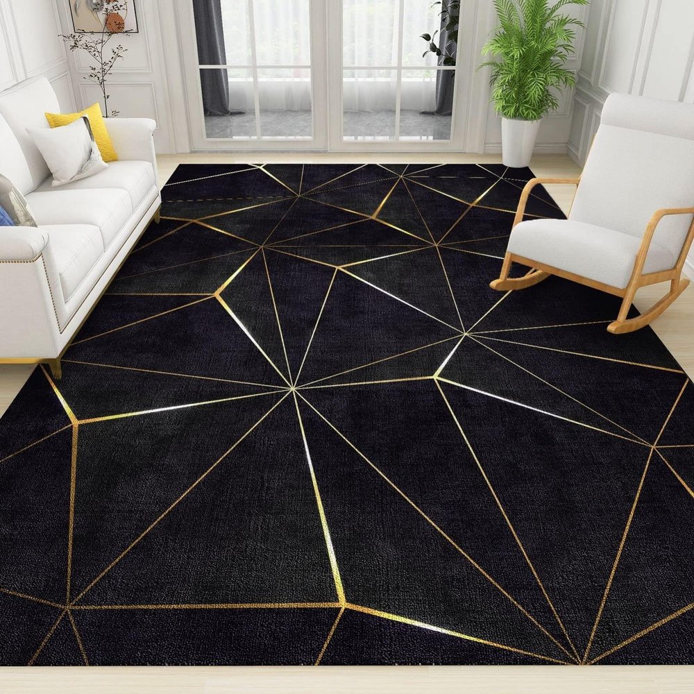 ERAYNA 3x4 Area RugsBlack Gold Lines Geometry Indoor Non-Slip Kids Rug Abstract Golden Texture Art Upholstery Rug with Non-Slip Backing for Kids Boys Girls Bedroom Living Room Dining Room Study