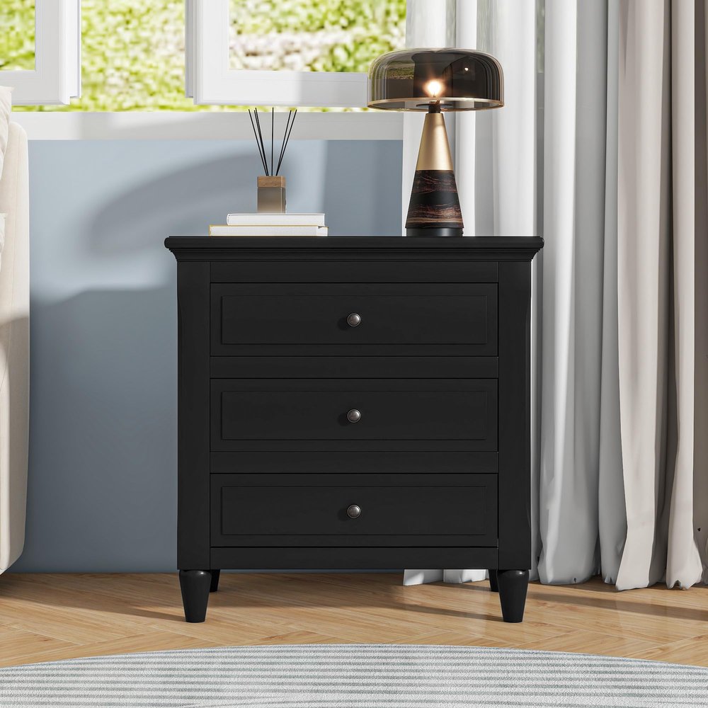 3-Drawer Nightstand Storage Cabinet, Modern Bedside Table End Table Sofa Table with Solid Wood Legs, Wood Nightstand for Bedroom Living Room Office Home (Black * 21)