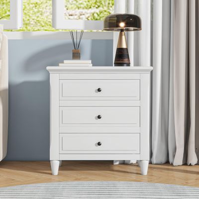3-Drawer Nightstand Storage Wood Cabinet, Modern Bedside Table End Table Sofa Table with Solid Wood Legs, Wood Nightstand for Bedroom Living Room Office Home (White * 21)