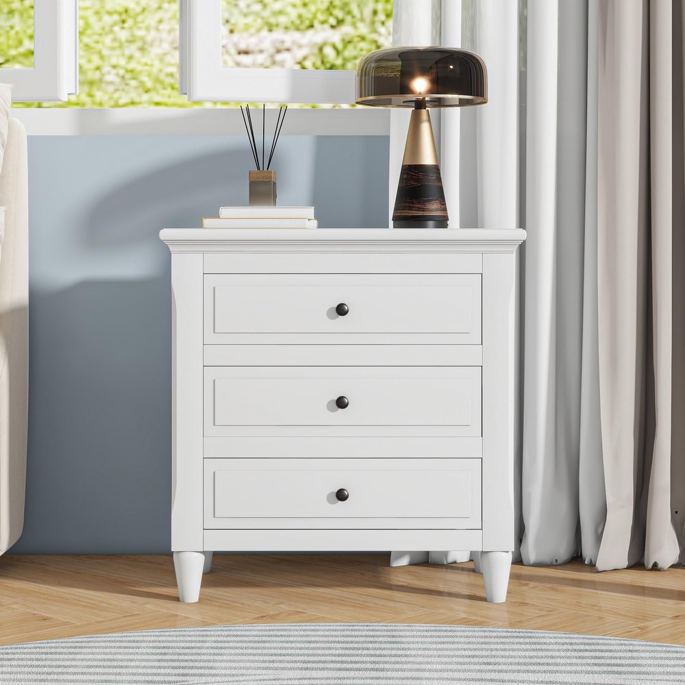 3-Drawer Nightstand Storage Wood Cabinet, Modern Bedside Table End Table Sofa Table with Solid Wood Legs, Wood Nightstand for Bedroom Living Room Office Home (White * 21)
