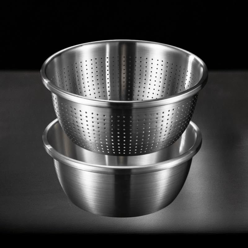 2pcs Stainless Steel 2QT Mixing Bowl Set and Strainers | Rice Washing Bowl With Microporous Colander For Washing Fruit,Vegetables | and For Draining Cooked Pasta (1.5QT)