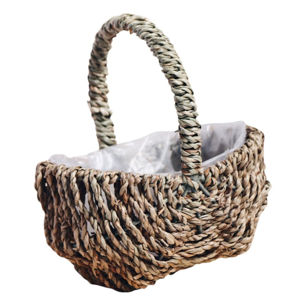 SHOWERORO Fashion Wedding Flower Basket Handheld Creative Weave Design Elegant Flower Girl Holder Natural Color for Floral Arrangements for Weddings and Special Events