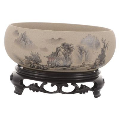 SUPVOX Ceramic Planter Bowl with Base Chinese Daffodil Pot No Hole Aquatic Plant Pot Vintage Round Shallow Planter Decorative Flower Container Bowl Bonsai