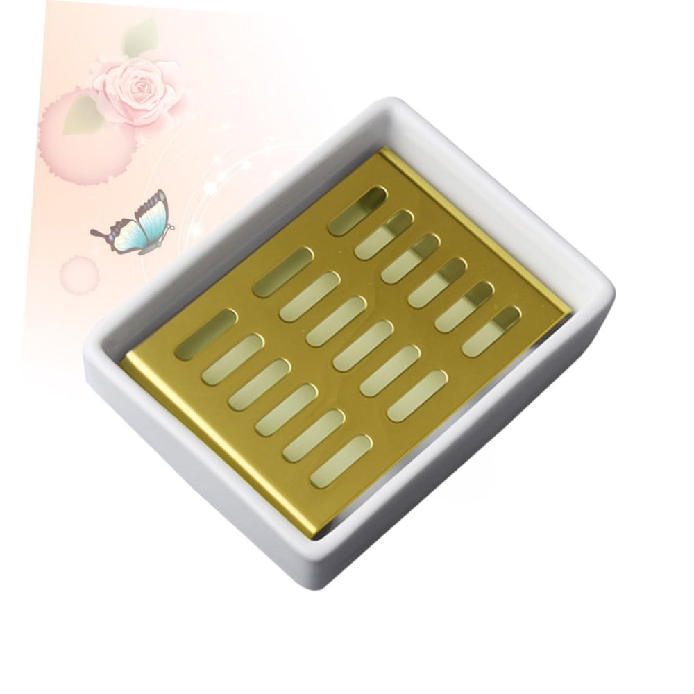 Ciieeo Stainless Steel Soap Holder Drain Decorative Soap Dish Double Layer Ceramic Base for Bathroom and Kitchen