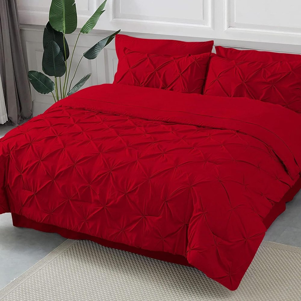Red RV-Short-Queen Comforter Set - 7 Piece Pinch Pleated Bed in a Bag - 600 Thread Count 100% Egyptian Cotton Bedding Set - (16 inch Deep Pocket Sheet Set and 500GSM Comforter) - 60"X75" Bed