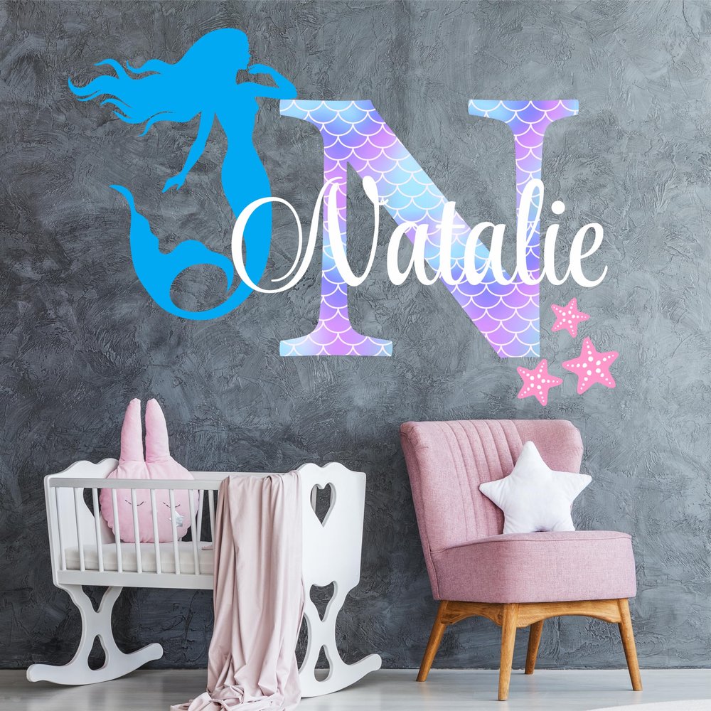 Decor Designs Decals Mermaid and Starfish Scales Pattern Printed Custom Name and Initial Personalized Wall Decal Sticker for Girls Room or Nursery (Multi-Sizes) (Pastel Scales)