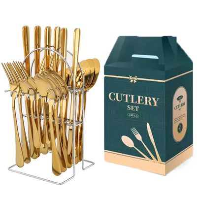 IFAJOOR Flatware Silverware Set, 24-piece Stainless Steel Steak Knife, Fork And Spoon Cutlery Gift Box Set Steak Knife And Fork Cutlery, Cutlery Set (Color : Gold, Size : 24pcs)