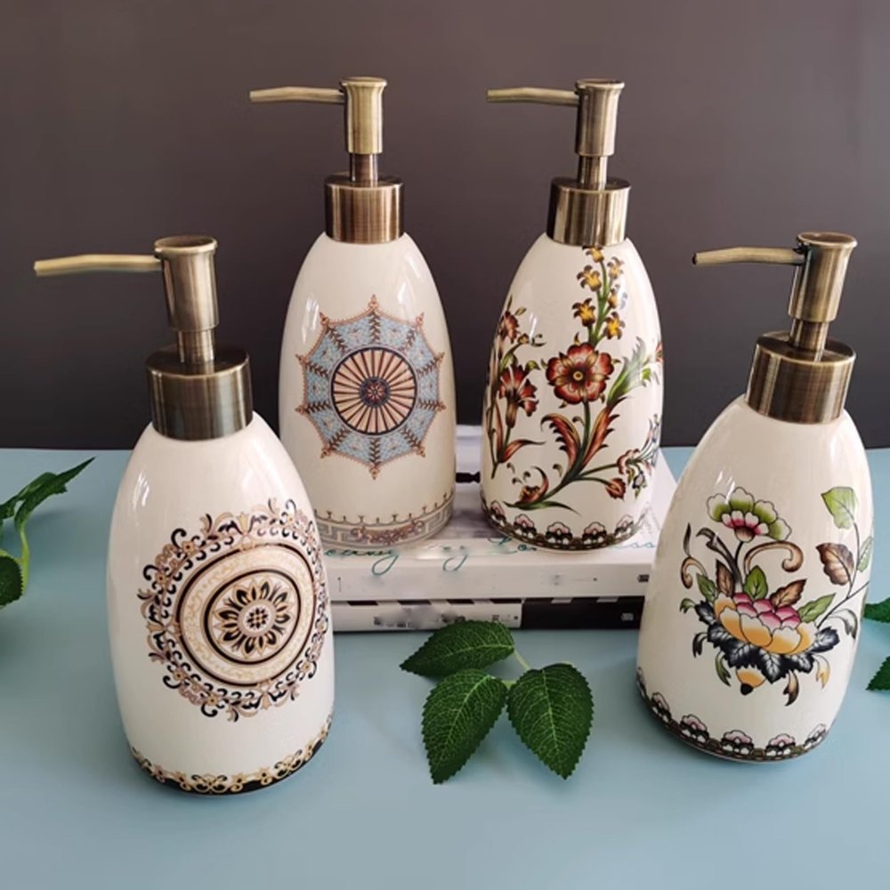 4 Pieces Ceramic Liquid Dispenser,Refillable Hand Lotion Pump Bottles,Soap Dispenser,Shampoo Shower Gel,Dish Detergent Storage Container,for Laundry Room Bathroom