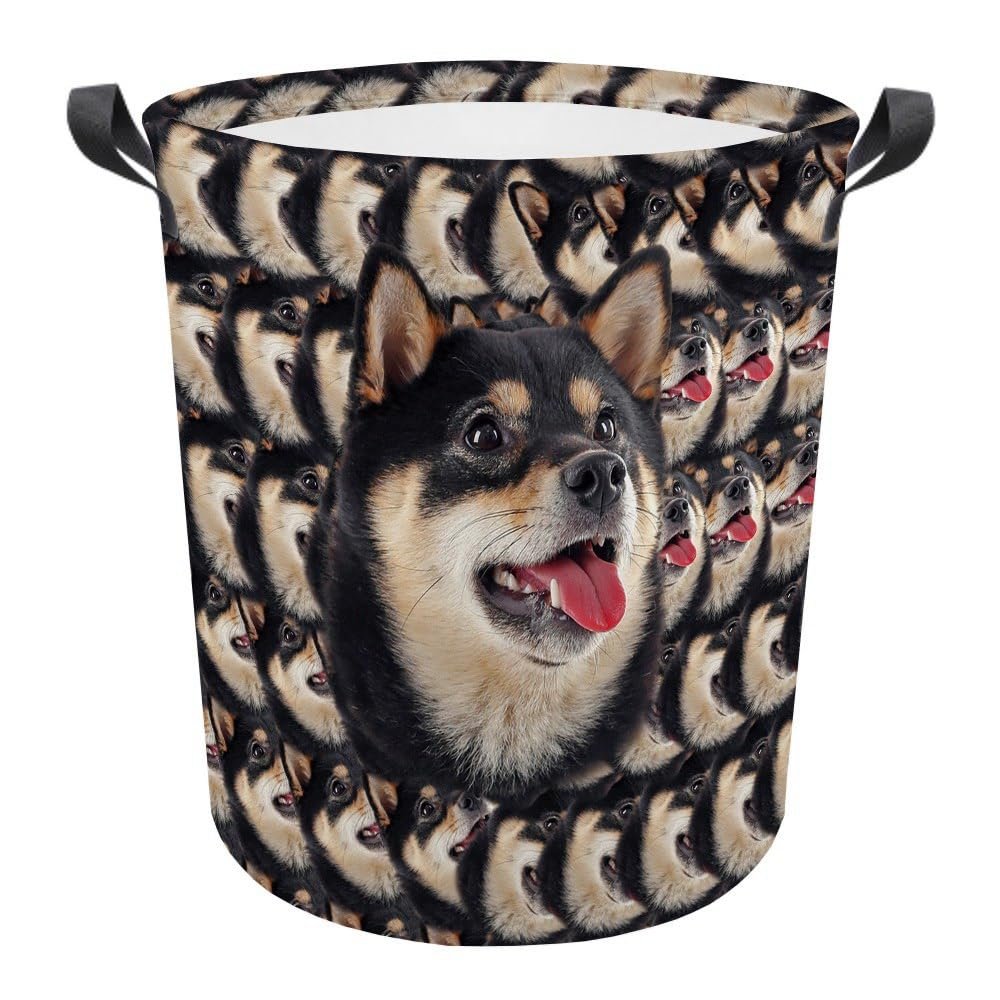 MALIHONG Dog Mash Face Laundry Basket with Black and White Shiba Inu Head Laundry Bag Collapsible Large Dirty Clothes Hamper Storage for Bedroom College Dorms