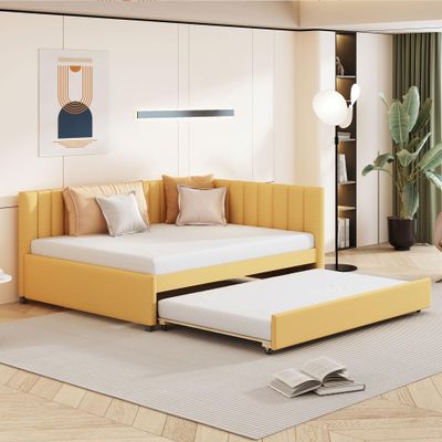 Aiuyesuo Modern Full Size Upholstered Daybed with Trundle, Solid Wood Sofa Bed Frame with Linen Fabric Backrest for Living Room, Bedroom, Apartment, No Box Spring Needed (Yellow-XY3)