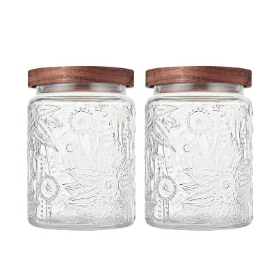 Custde Glass Storage Jars With Airtight Lid, 23.7oz Container For Kitchen Counter with Wooden Lid, brown sugar, candy, coffee, cookie, salt, tea, cute Jar (Sunflower*2)