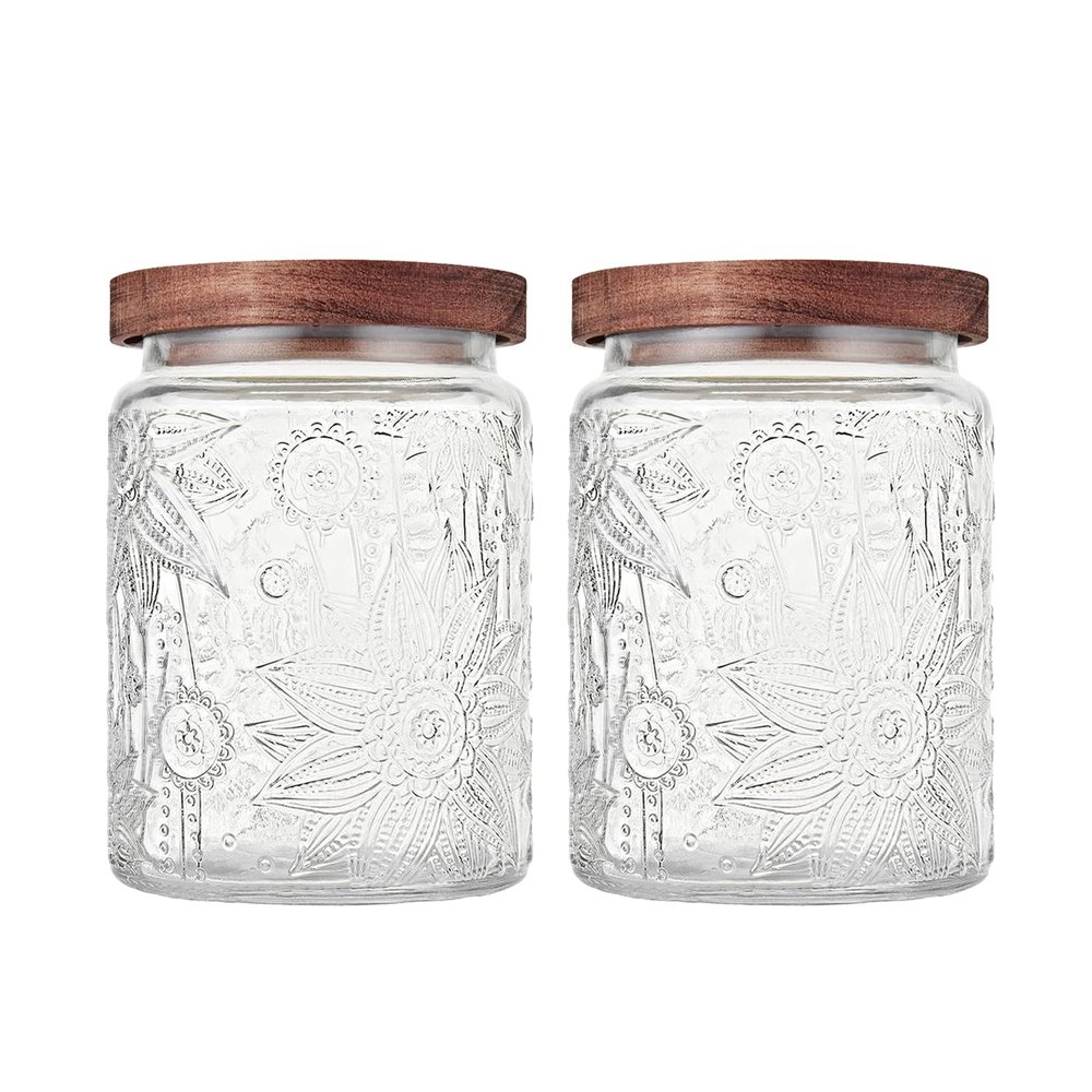 Custde Glass Storage Jars With Airtight Lid, 23.7oz Container For Kitchen Counter with Wooden Lid, brown sugar, candy, coffee, cookie, salt, tea, cute Jar (Sunflower*2)