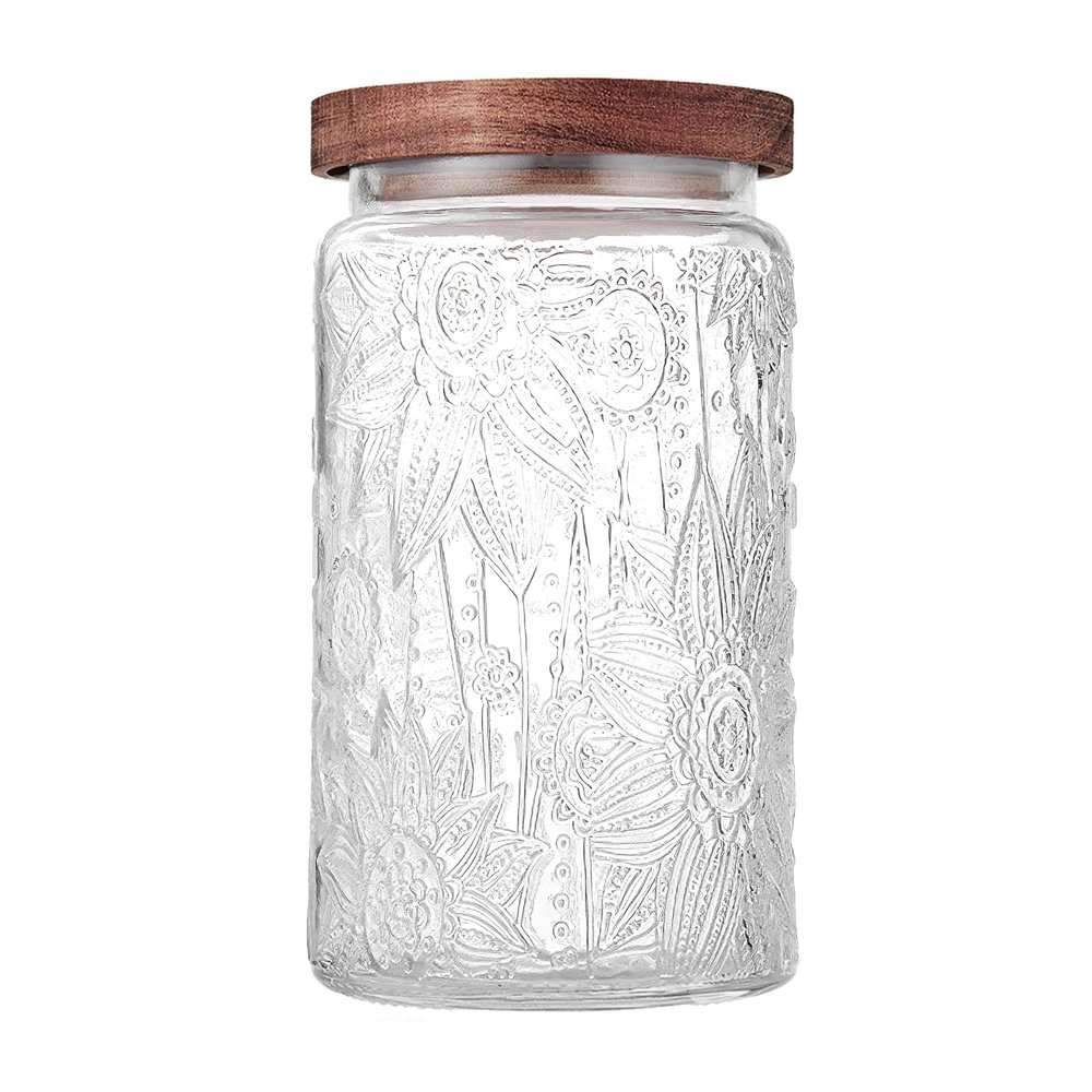 Custde Glass Storage Jars With Airtight Lid, 35oz Container For Kitchen Counter with Wooden Lid, brown sugar, candy, coffee, cookie, salt, tea, cute Jar (35oz Large Sunflower)