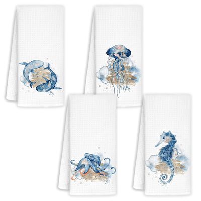 Jvpke Coastal Kitchen Towels Set of 4 - Whale Jellyfish Octopus Seahorse Beach Hand Towels, Nautical Towels, Coastal Beach Bathroom Decor, Ocean Themed Decor, 16x24