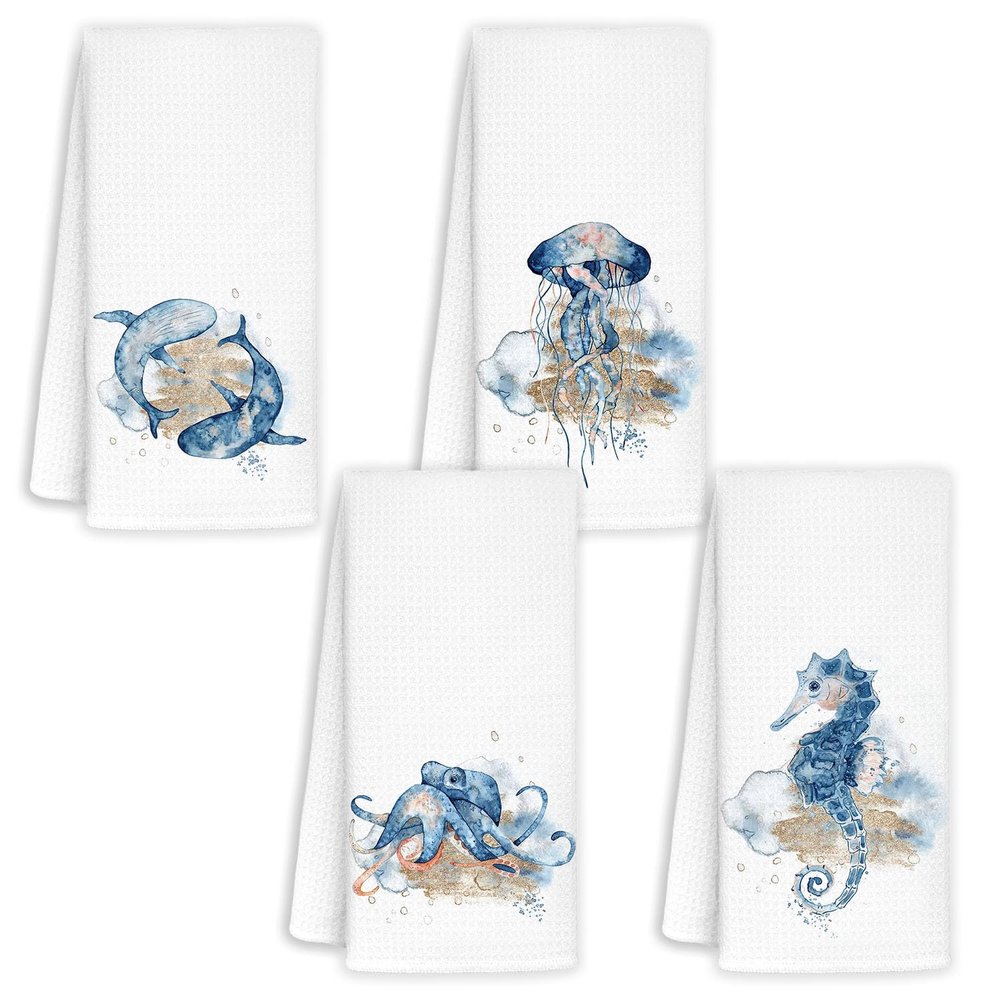 Jvpke Coastal Kitchen Towels Set of 4 - Whale Jellyfish Octopus Seahorse Beach Hand Towels, Nautical Towels, Coastal Beach Bathroom Decor, Ocean Themed Decor, 16x24