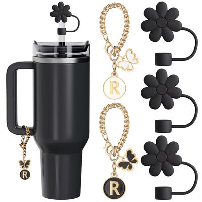 ANLABESY Compatible with Stanley Cup Accessories, 3PCS Black Straw Toppers for Stanley Cup Straw Cover Cap, 2PCS Cute Letter for 30&40 Oz Tumbler with Handle(R)