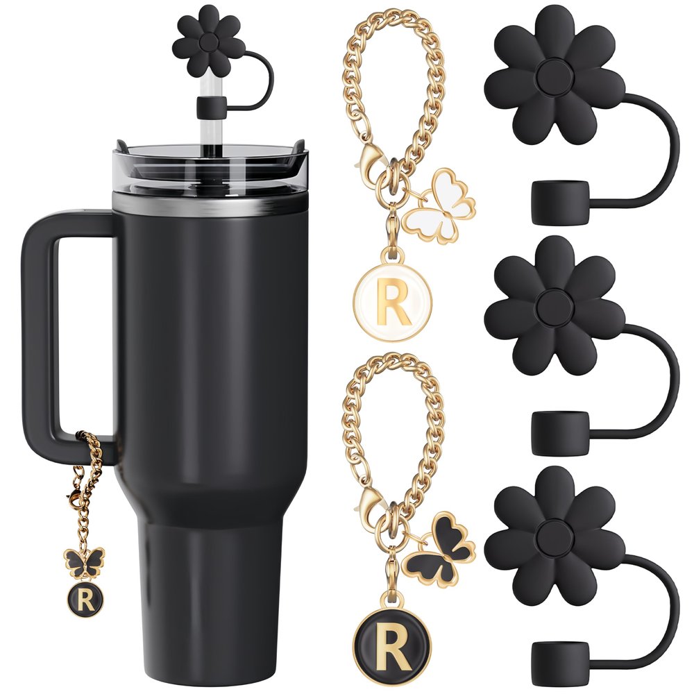 ANLABESY Compatible with Stanley Cup Accessories, 3PCS Black Straw Toppers for Stanley Cup Straw Cover Cap, 2PCS Cute Letter for 30&40 Oz Tumbler with Handle(R)