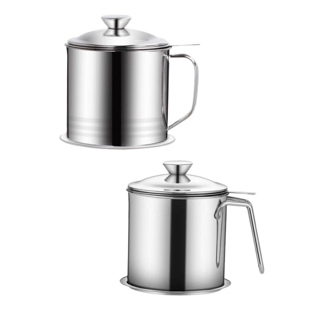 2pcs Stainless Steel Oil Strainer Pot Kitchen Oil Filter with Fine Mesh Non-slip Handle Grease Container for Storage Practical Kitchen Supply