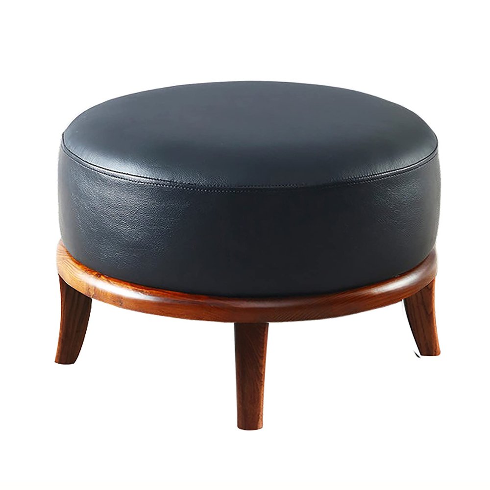 Modern Leather Foot Stool,Premium Ottoman Footrest Sofa Stool for Living Room,Resting Footstool Multifunction Seat with Solid Wood Legs-Round Black 41x41x32cm(16x16x13inch) Hopeful