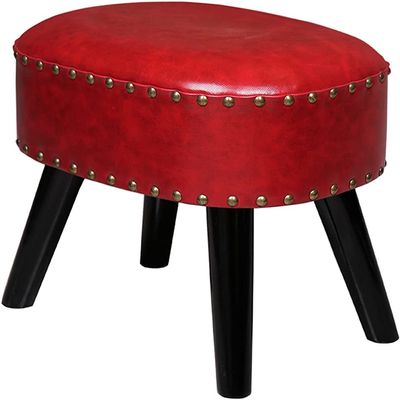 Modern Foot Stool, Faux Leather Paded Extra Seat, Living Room/Bedroom Entrance Shoe Changing Stool w/Solid Wood Leg& Non-Slip Pads, 403035cm, Red