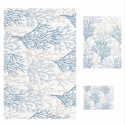 Blue Grey Coral Bathroom Towel Set, Microfiber Bath Kitchen Beach Hand Dish Towels Set, Quick Dry Luxury Soft Decorative Towels+Set Bulk Accessories Decor(3-PC) Summer Beach Ocean Sea Watercolor White