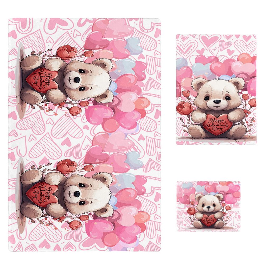 Valentine's Bear Bathroom Towel Set, Microfiber Bath Kitchen Beach Hand Dish Towels Set, Quick Dry Luxury Soft Decorative Towels+Set Bulk Accessories Decor(3-PC) Rose Flower Love Heart Red Pink