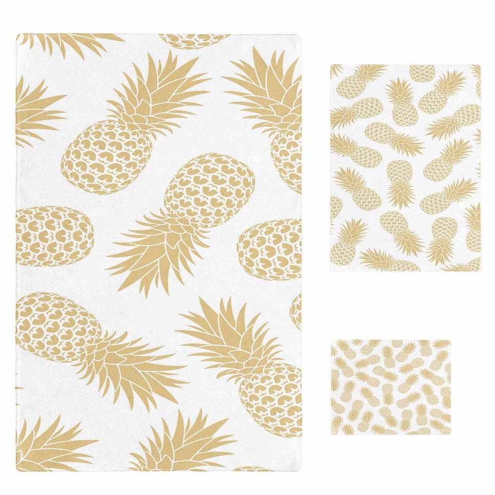 Tropical Summer Pineapple Bathroom Towel Set, Microfiber Bath Kitchen Beach Hand Dish Towels Set, Quick Dry Luxury Soft Decorative Towels+Set Bulk Accessories Decor(3-PC) Exotic Fruit Geometric Yellow