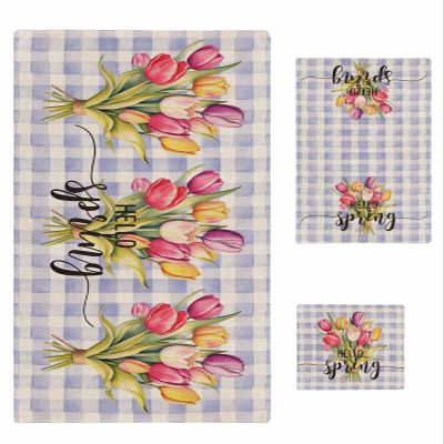 Tulip Flower Bathroom Towel Set, Microfiber Bath Kitchen Beach Hand Dish Towels Set, Quick Dry Luxury Soft Decorative Towels+Set Bulk Accessories Decor(3-PC) Spring Botanical Purple Buffalo Plaid