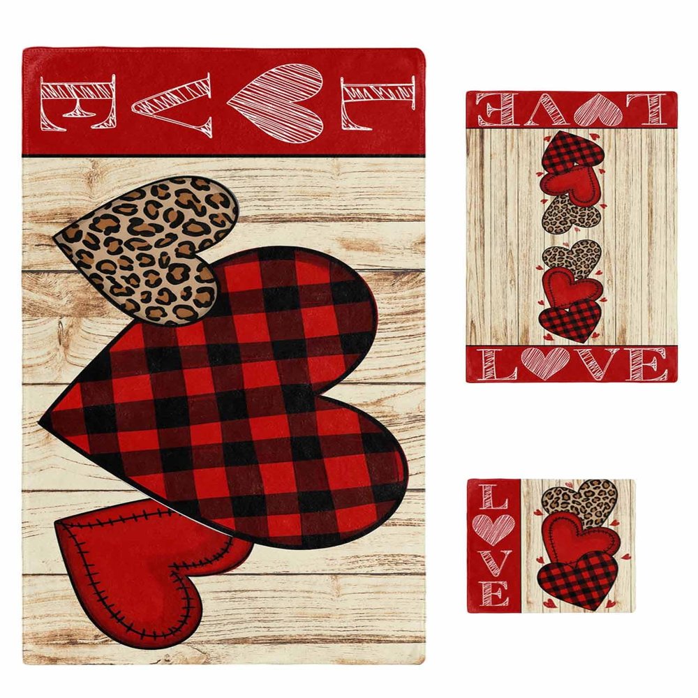 Valentine's Day Bathroom Towel Set, Microfiber Bath Kitchen Beach Hand Dish Towels Set, Quick Dry Luxury Soft Decorative Towels+Set Bulk Accessories Decor(3-PC) Wood Grain Heart Leopard Print Plaid