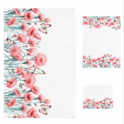 Sping Pink Flower Bathroom Towel Set, Microfiber Bath Kitchen Beach Hand Dish Towels Set, Quick Dry Luxury Soft Decorative Towels+Set Accessories Decor(3-PC) Summer Botanical Plant Watercolor White