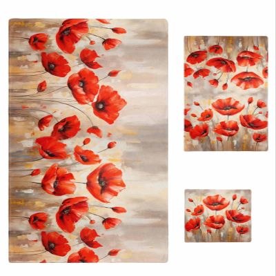 Abstract Red Flower Bathroom Towel Set, Microfiber Bath Kitchen Beach Hand Dish Towels Set, Quick Dry Luxury Soft Decorative Towels+Set Bulk Accessories Decor(3-PC) Modern Painting Art Spring Herbs