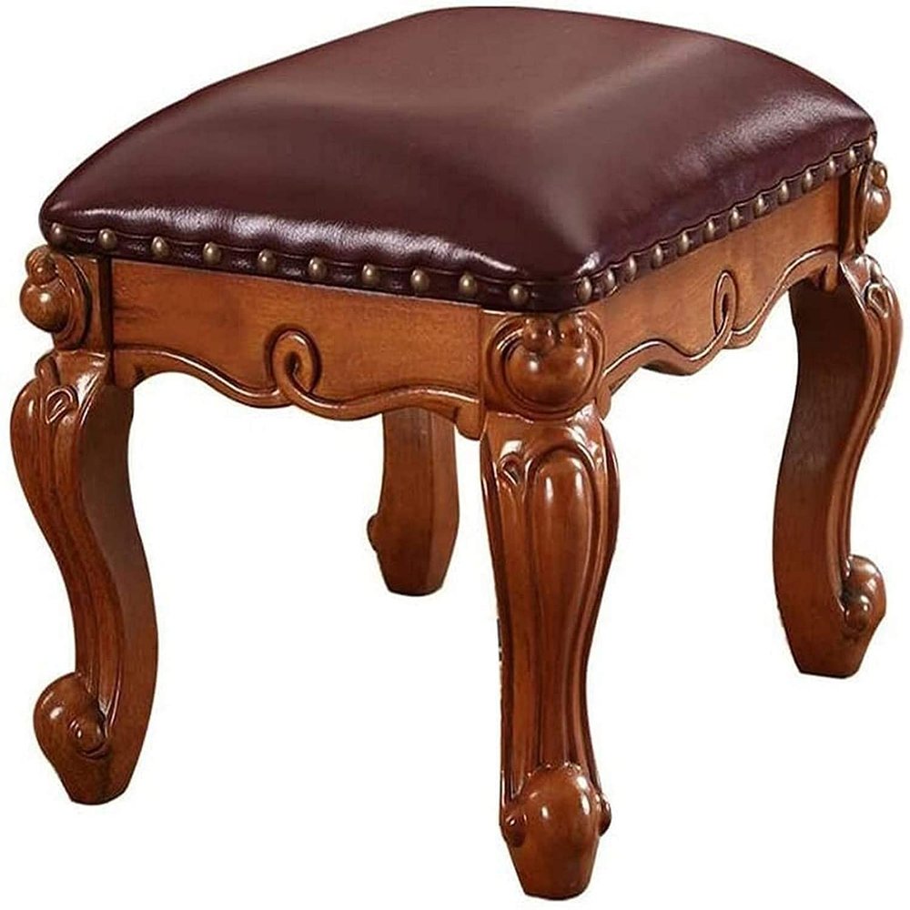 Folding Footstool Luxury European Style Solid Wood Footstool Leather Sofa Dressing Stool Fashionable Dining Chair/Meal Stool Change ShoeStool Upholstered Footstool (Color