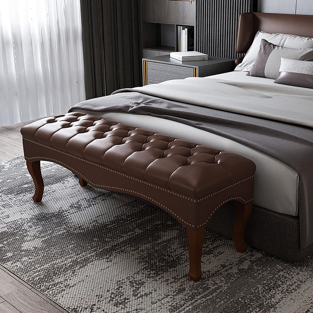 Premium Faxu Leather End of Bed Bench for Bedroom,Upholstered Sofa Bench Seat with Solid Wood Legs,Modern Foot Stool Multifunction Benches-Brown 80x40x45cm(31x16x18inch) Hopeful