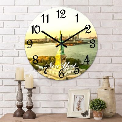 COCOKEN New York Wall Clock New York City Skyline PVC Wall Clock 12inch Rustic Farmhouse Clock Silent Battery Operated Round Wall Decor for Bedroom Master Room