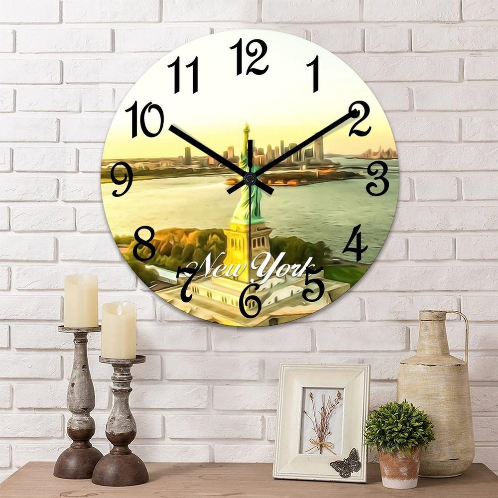 COCOKEN New York Wall Clock New York City Skyline PVC Wall Clock 12inch Rustic Farmhouse Clock Silent Battery Operated Round Wall Decor for Bedroom Master Room