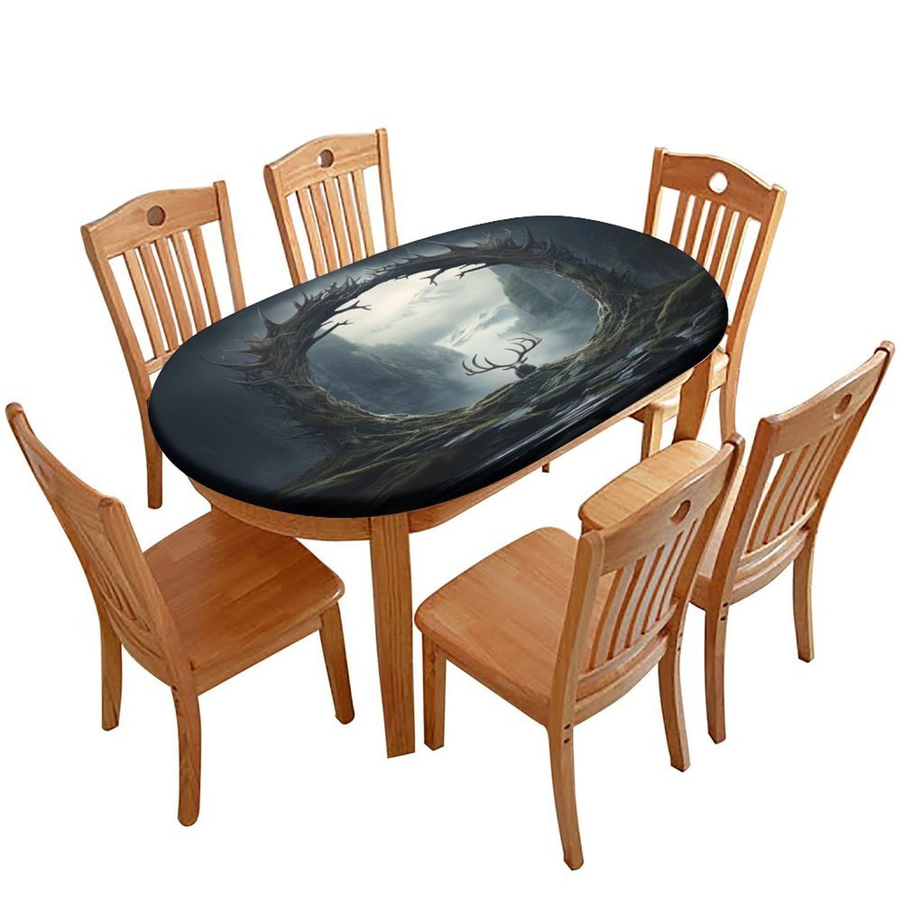 Barsada Deer Print Oval Tablecloths Waterproof & Stain Resistant Elastic Table Cloth Oval Tablecloth Cover Table for Kitchen and Dining Room Fits for 52 x 70 Oval Table, GQ-TYZB-2403LIW1166-K207xG152