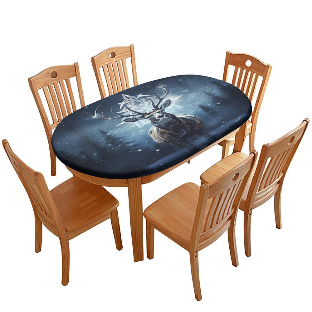 Barsada Deer and Snowflake Print Oval Tablecloth Fitted Stain Resistant Oilproof Elastic Table Cloth Oval Tablecloth Table Cover for Event Wedding Banquet & Parties Fits for 52 x 70 Oval Table