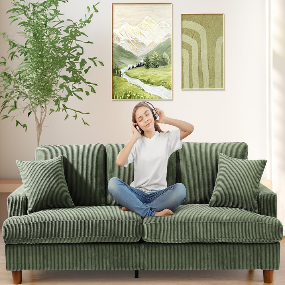 87in Corduroy Couch, Kidirect Sofa No Tool Assembly, Comfy Couches for Living Room 21in Deeper Seats, Corduroy Sofas for Living Room with 2 Pillows, Oversized Loveseat Sofa, Boho Love Seat Green Couch