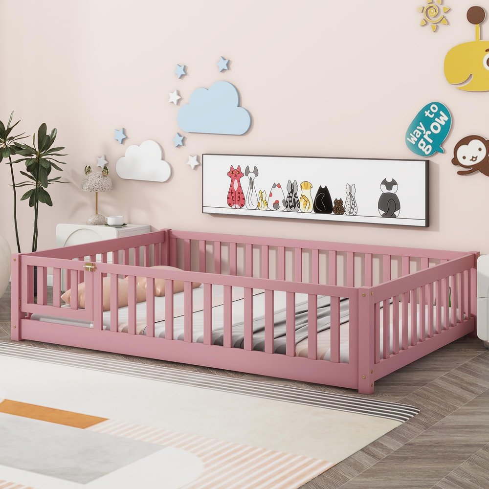 NCKMYB Full Size Pink Montessori Bed with Fence, Wooden Floor Bed with Guardrails, Kids Play Bed with Door for Girls