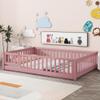 NCKMYB Full Size Pink Montessori Bed with Fence, Wooden Floor Bed with Guardrails, Kids Play Bed with Door for Girls view 1