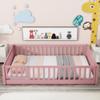 NCKMYB Full Size Pink Montessori Bed with Fence, Wooden Floor Bed with Guardrails, Kids Play Bed with Door for Girls view 3