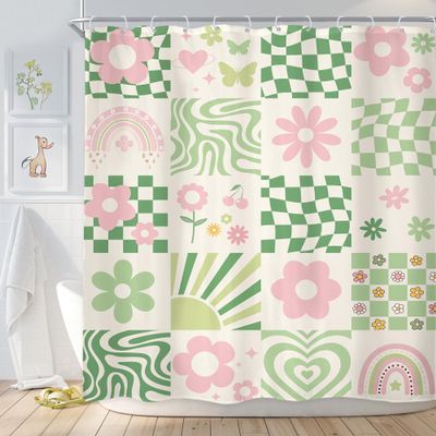 Newsely Retro Cute Green Pink Flower Shower Curtain 72Wx72H Inch Abstract 70s Danish Pastel Checkered Rainbow Groovy Shower Curtain Bathroom Set Girls Waterproof Bath Decoration Accessories Home Decor