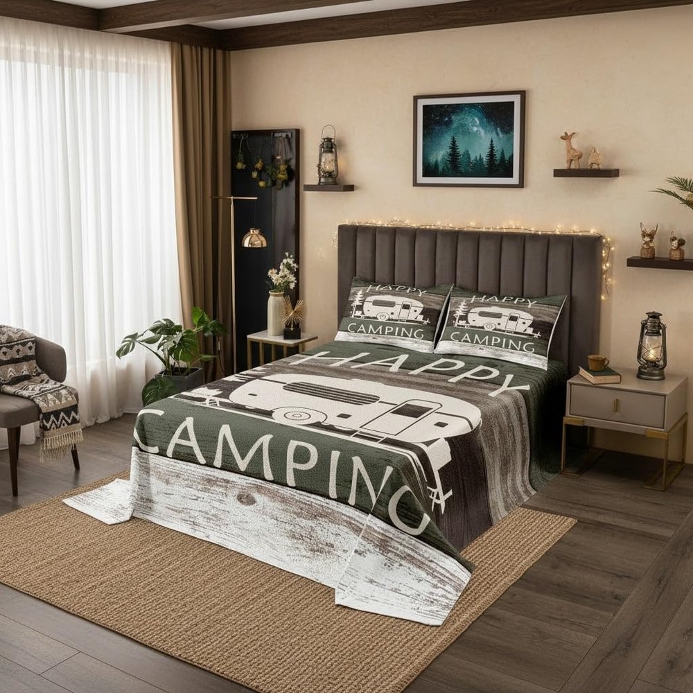 3 Pcs Rustic Farmhouse Style Quilt Bedding Set Women Aldult Lightweight Bedding Happy Camping Bedspread Set White Sketch Drawing Bedspread Coverlet Soft Home Quilt Set for King Bed All Season