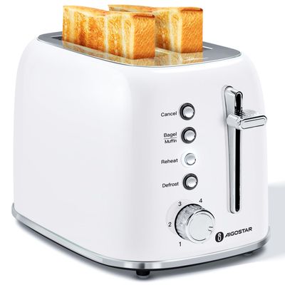 Aigostar Retro 2 Slice Toaster - Stainless Steel, Extra Wide Slots, Bagel Function, Cancel & Defrost, 6 Shade Settings, Removable Crumb Tray, White