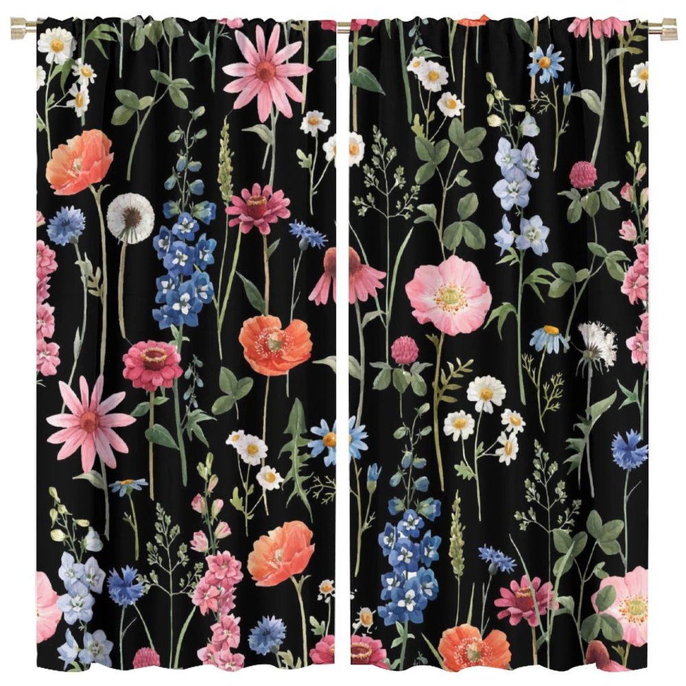 BenYaSong Floral Plant Watercolor Blackout Curtain - Flower Colorful Boho for Home Kitchen Livingroom Coffee Room Window Curtain Drapes 2 Panels 52x96in